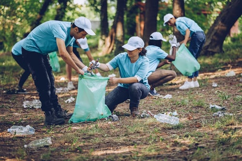 group of volunteers picking up garbage