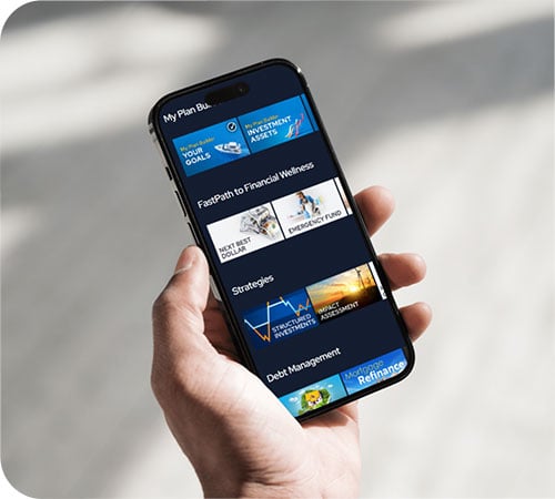 person holding phone looking at financial plans and strategies